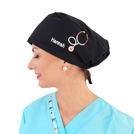 Black Scrub Cap Name Embroidery Customization Satin Lined Option