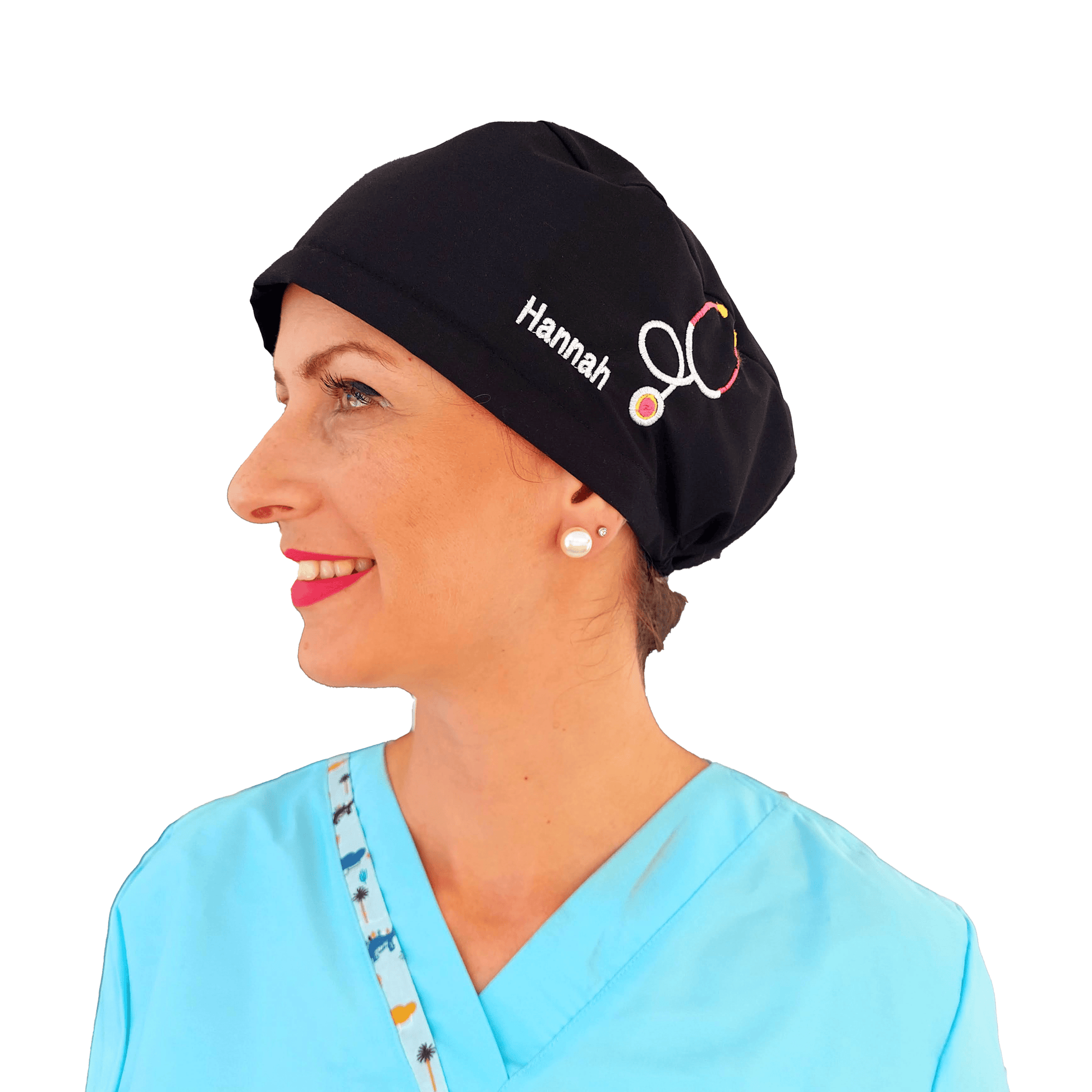 Black Scrub Cap Name Embroidery Customization Satin Lined Option