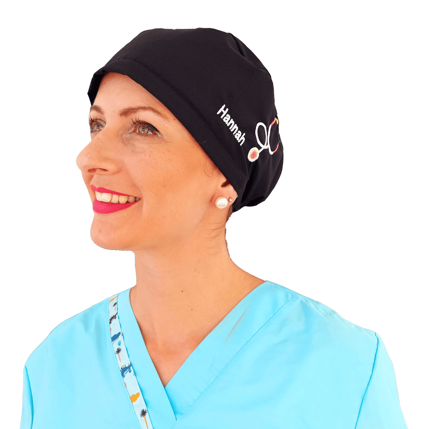 Black Scrub Cap Name Embroidery Customization Satin Lined Option