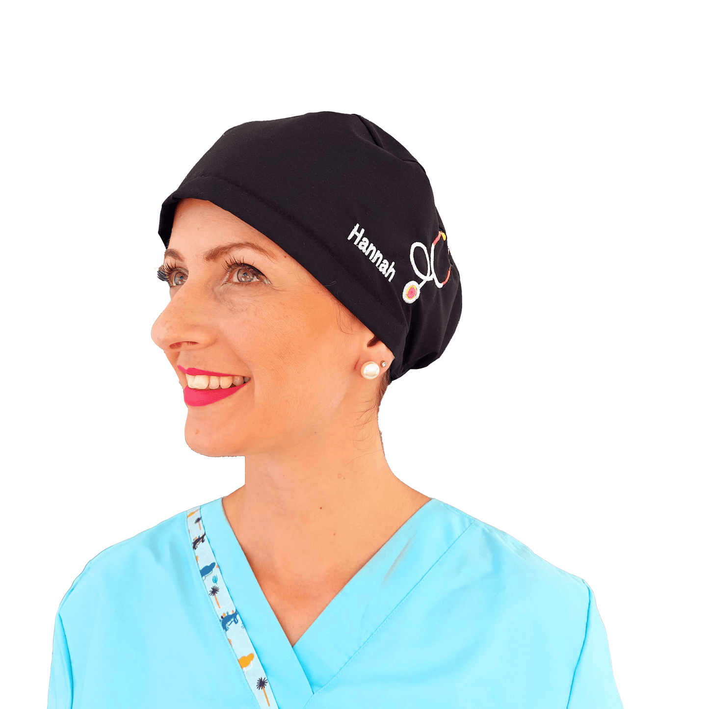 Black Scrub Cap Name Embroidery Customization Satin Lined Option