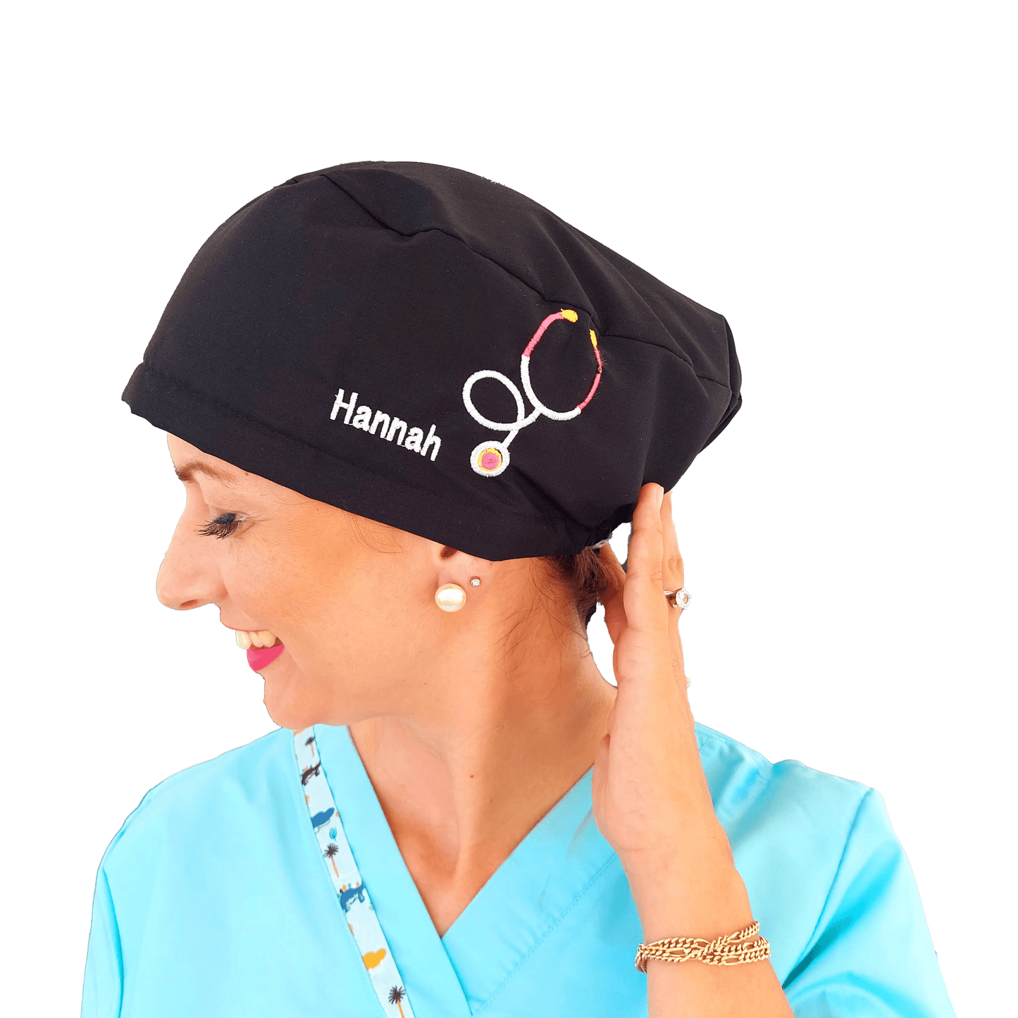 Black Scrub Cap Name Embroidery Customization Satin Lined Option