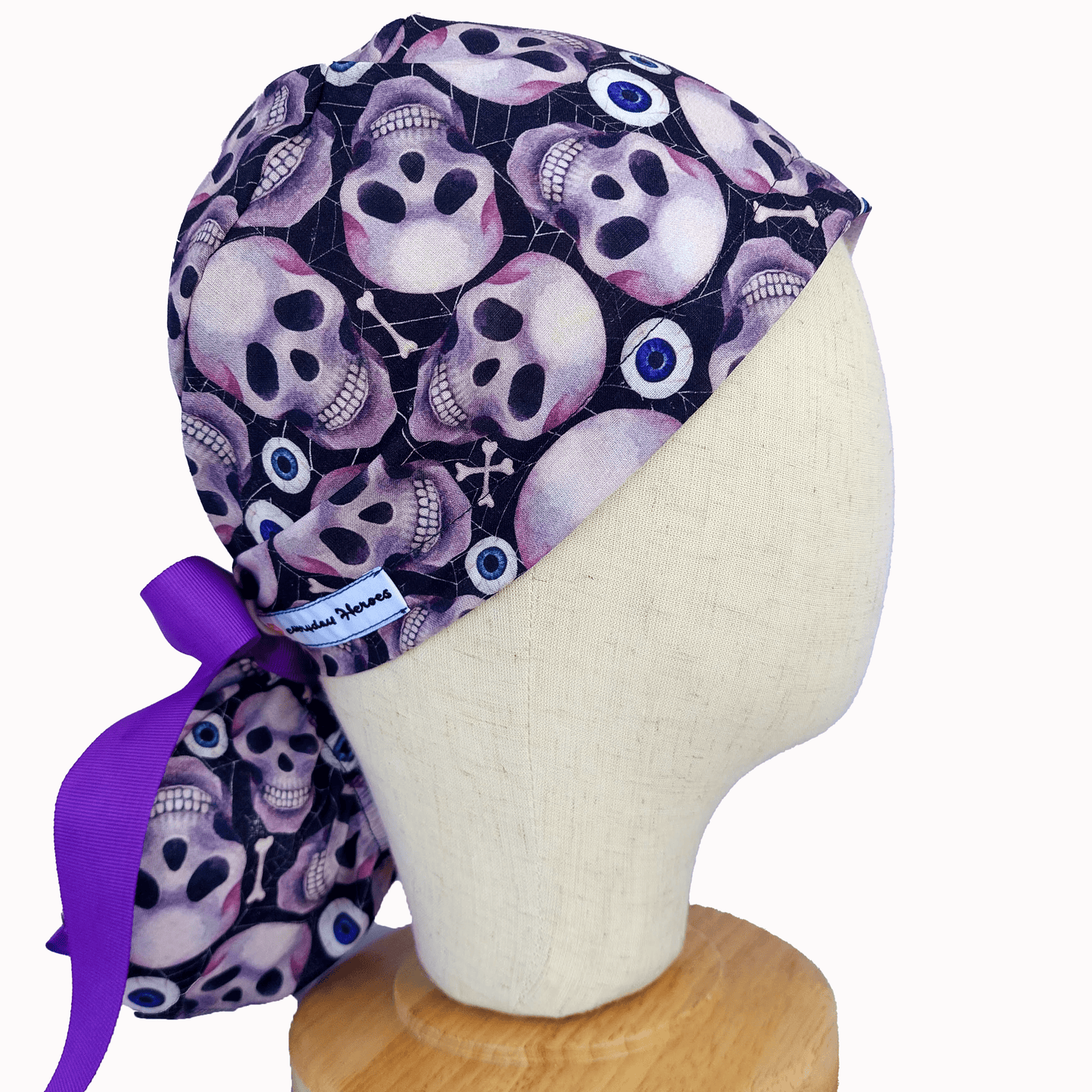The Skulls - Scrub Cap Ponytail-Nurse Caps- Spooky Adjustable with Purple Ribbons