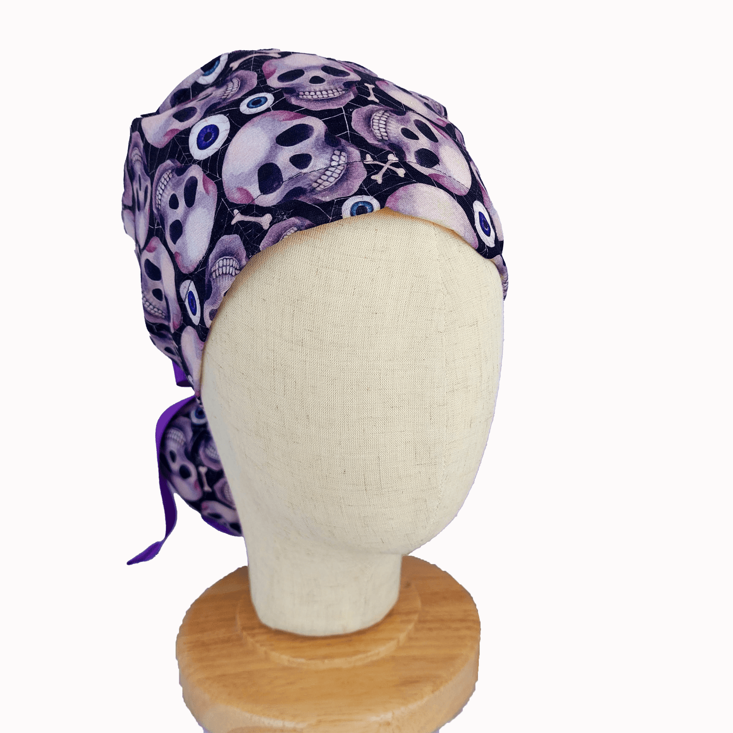 The Skulls - Scrub Cap Ponytail-Nurse Caps- Spooky Adjustable with Purple Ribbons