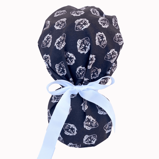 Surgical Cap Einstein Face with Adjustable Ribbon Ties and Sweatband
