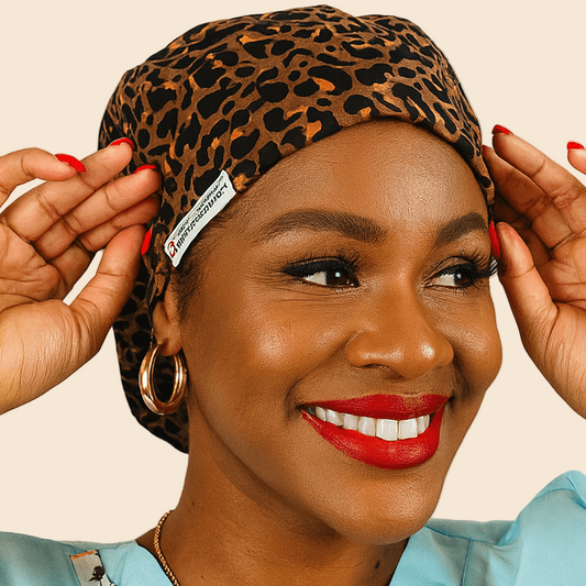 Smiling woman wearing a leopard print satin euro scrub cap with name embroidery tag. Perfect custom scrub cap for nurses, surgeons, and medical staff. Stylish cheetah scrub hat combines comfort, elegance, and function โ ideal for surgery, clinic, or veterinary use. Premium handmade medical headwear with satin lining for hair protection and professional look.
