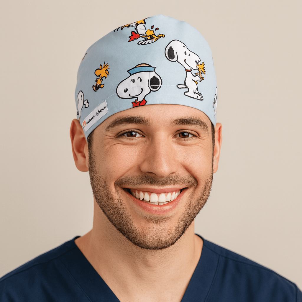 Smiling male doctor wearing a light blue cartoon scrub cap featuring Snoopy and Woodstock print. Adjustable and comfortable men’s surgical hat perfect for surgeons, doctors, or pediatric staff. A fun, professional, and thoughtful custom gift for doctors in the OR or clinic.