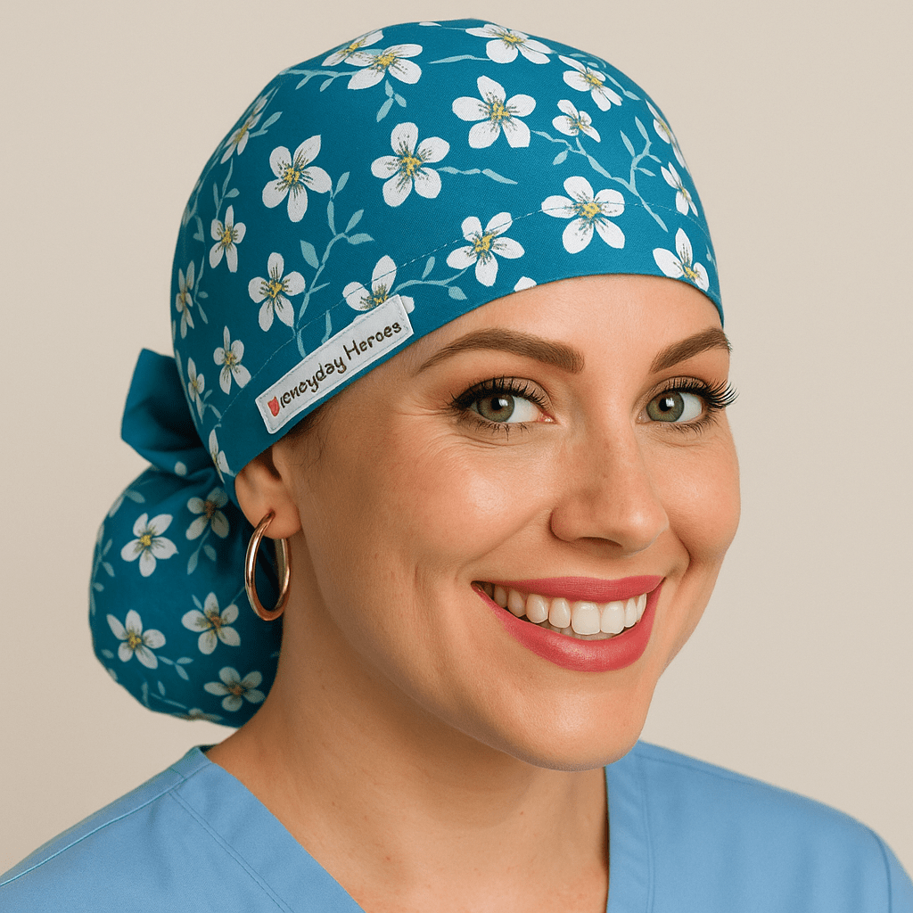 Almond floral womenโs scrub cap with white flower print on teal fabric, ponytail style with bow tie back and Everyday Heroes label. Satin lined medical surgical hat, modeled by a smiling nurse in a light blue scrub top with gold hoop earrings. Personalized scrub cap, reusable and washable, perfect gift for doctors, nurses, or as a graduation gift for healthcare professionals.