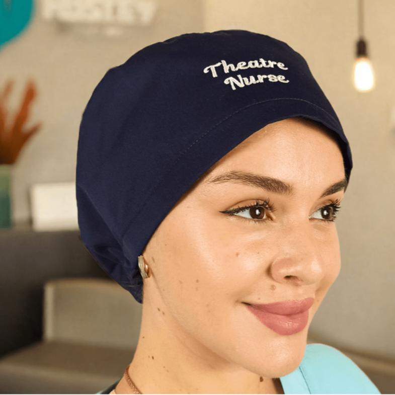 Custom Logo & Name Scrub Cap Blue- Surgical Caps for Women Satin Lined.