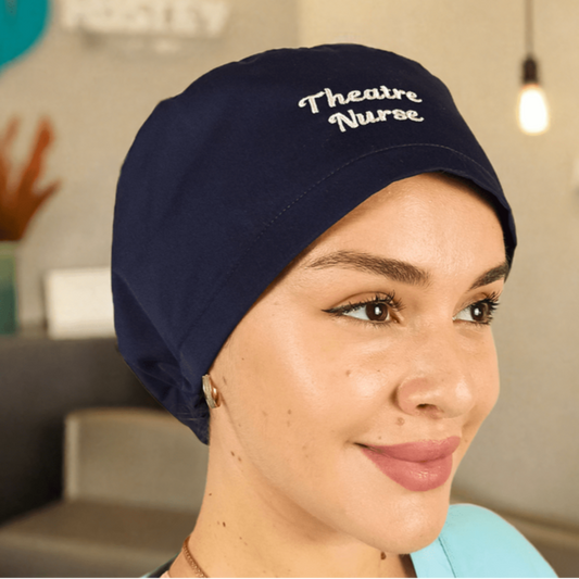 Custom Logo & Name Scrub Cap Blue- Surgical Caps for Women Satin Lined.