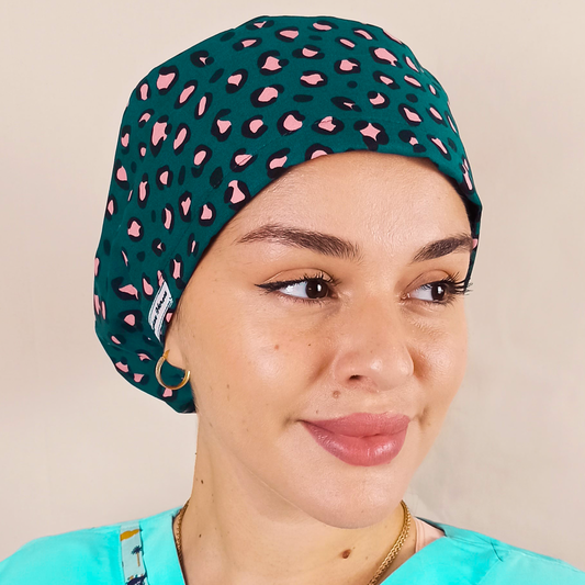 Pink Green Leopard Scrub Cap -Satin Lined Surgical Cap
