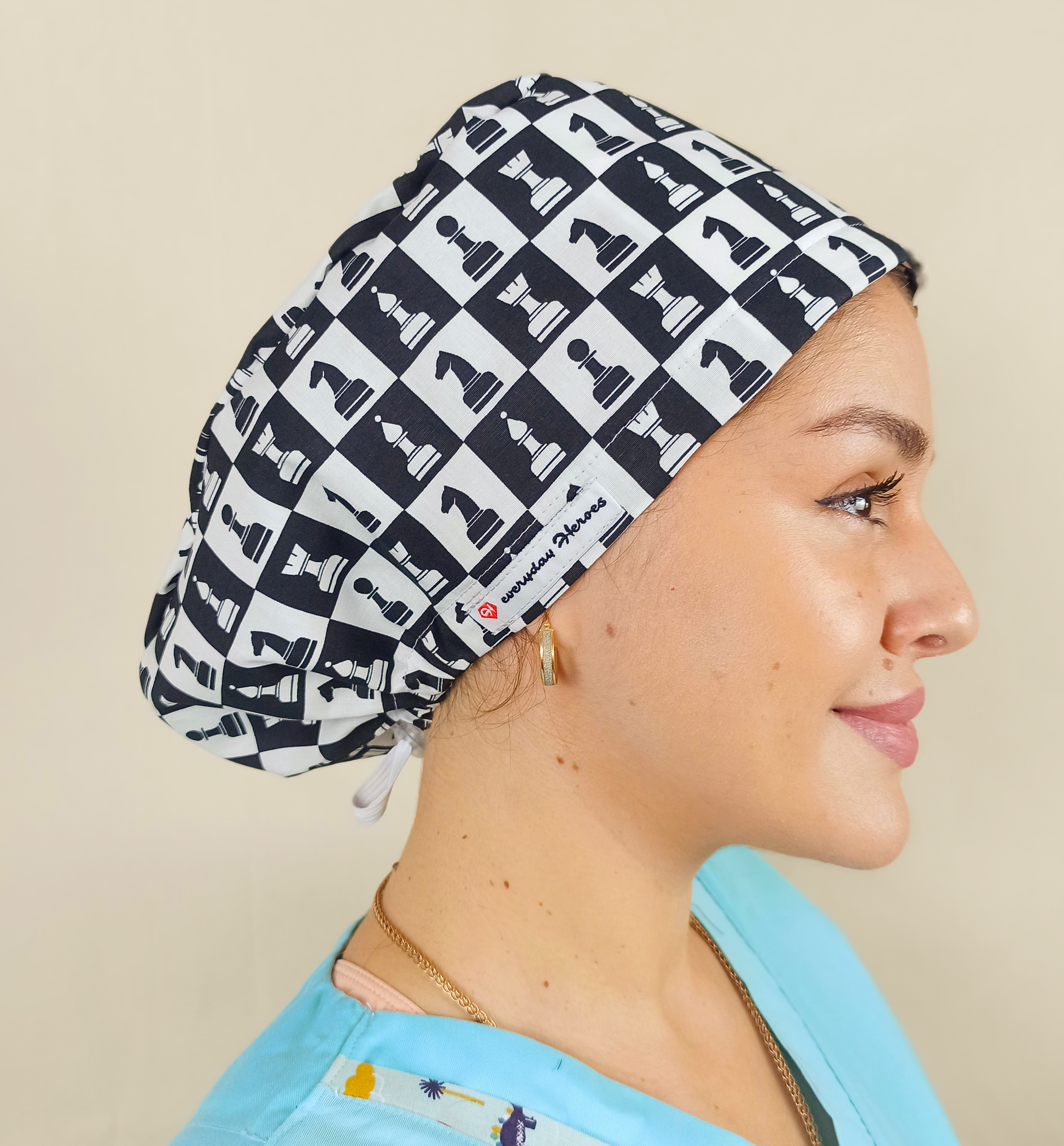 Black & White  Scrub Cap, Scrub Caps-Surgical Caps With Satin & Name Personalization Optional