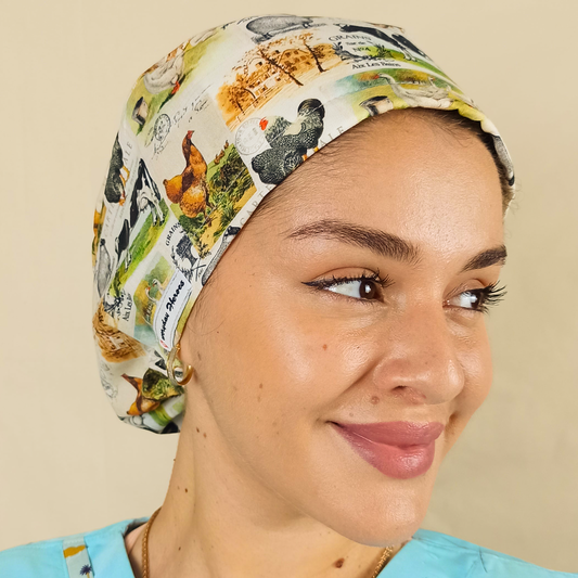 Concord Cow Chicken Farm House-Veterinary Scrub Hats- Surgical Caps- Satin Lined