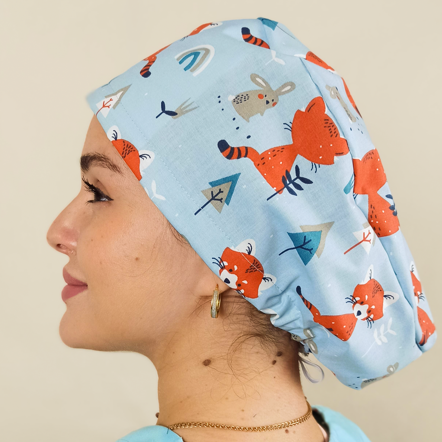 Scrub Caps Foxes Animals Satin Lined & Name Personalized Surgical Hat For Women.