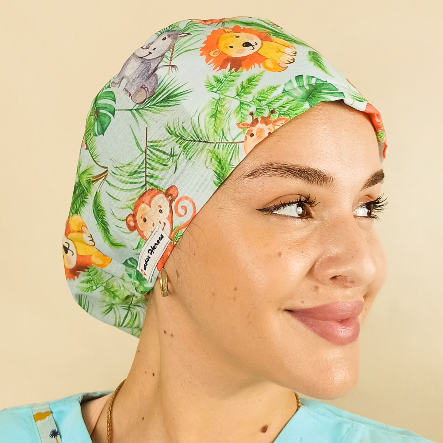 Safari Monkeys & Lions Scrub Cap -Satin & Name Option