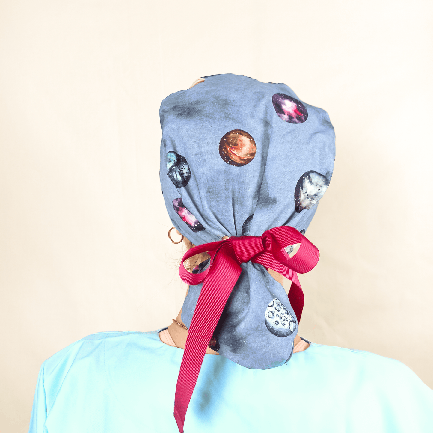 Planets Theme Ponytail Scrub Cap - Venus Moon Mars Jupiter Mercury Print