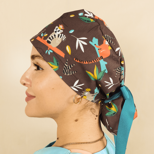 King Julien Madagascar's- Ponytail Scrub Cap - Optional Satin Lining & Name Embroidery