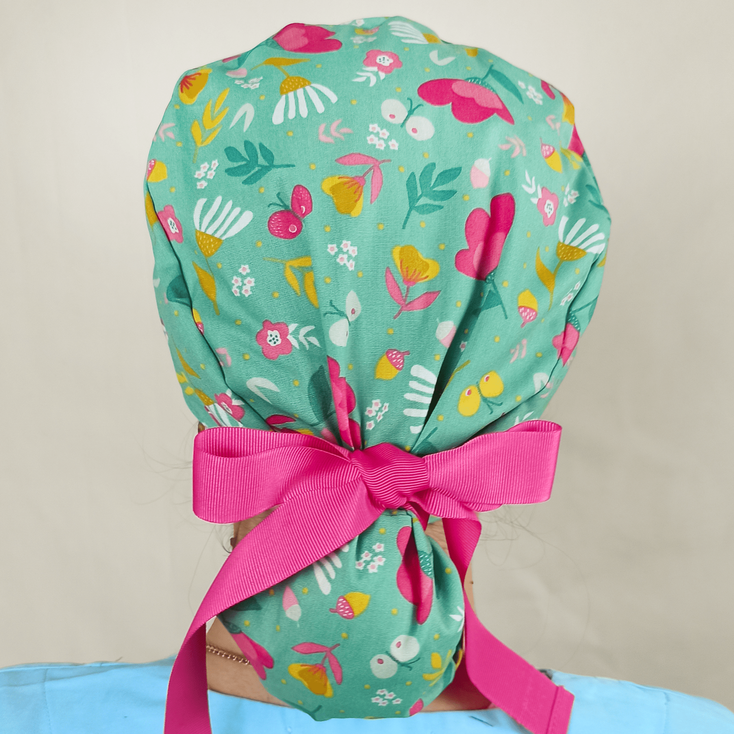 Floral  Butterfly Ponytail Scrub Cap - Satin Lined -Embroidery Personalization option