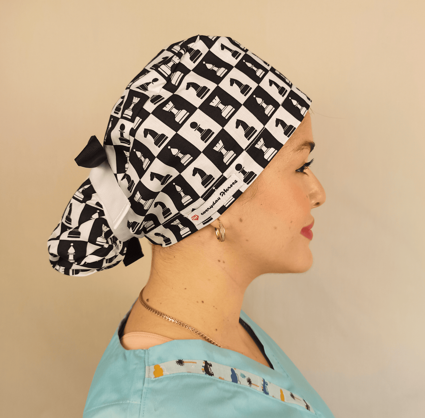 Chessboard Scrub Cap For Women Ponytail - Satin Lined & Embroidery Option