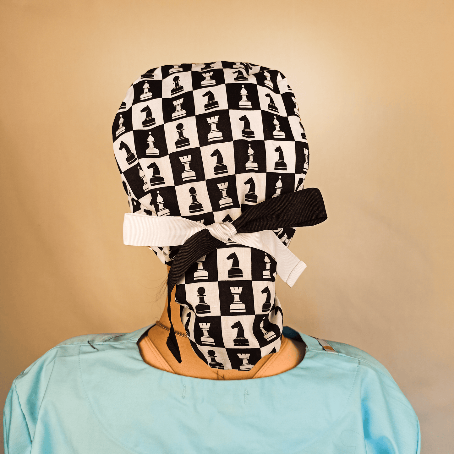 Chessboard Scrub Cap For Women Ponytail - Satin Lined & Embroidery Option