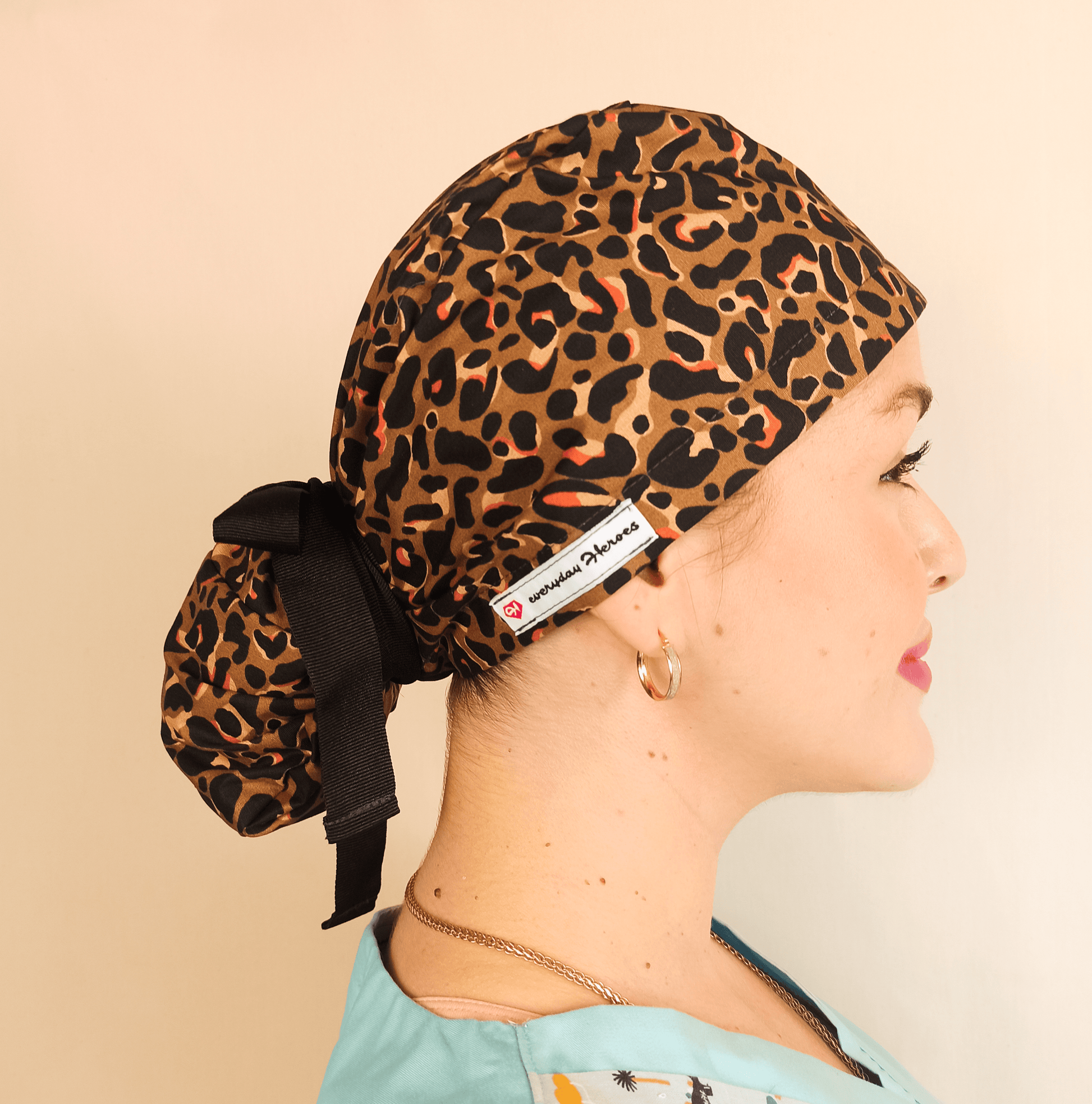 Surgical Ponytail Scrub Cap Leopard With Embroidery Personalization &Satin Option