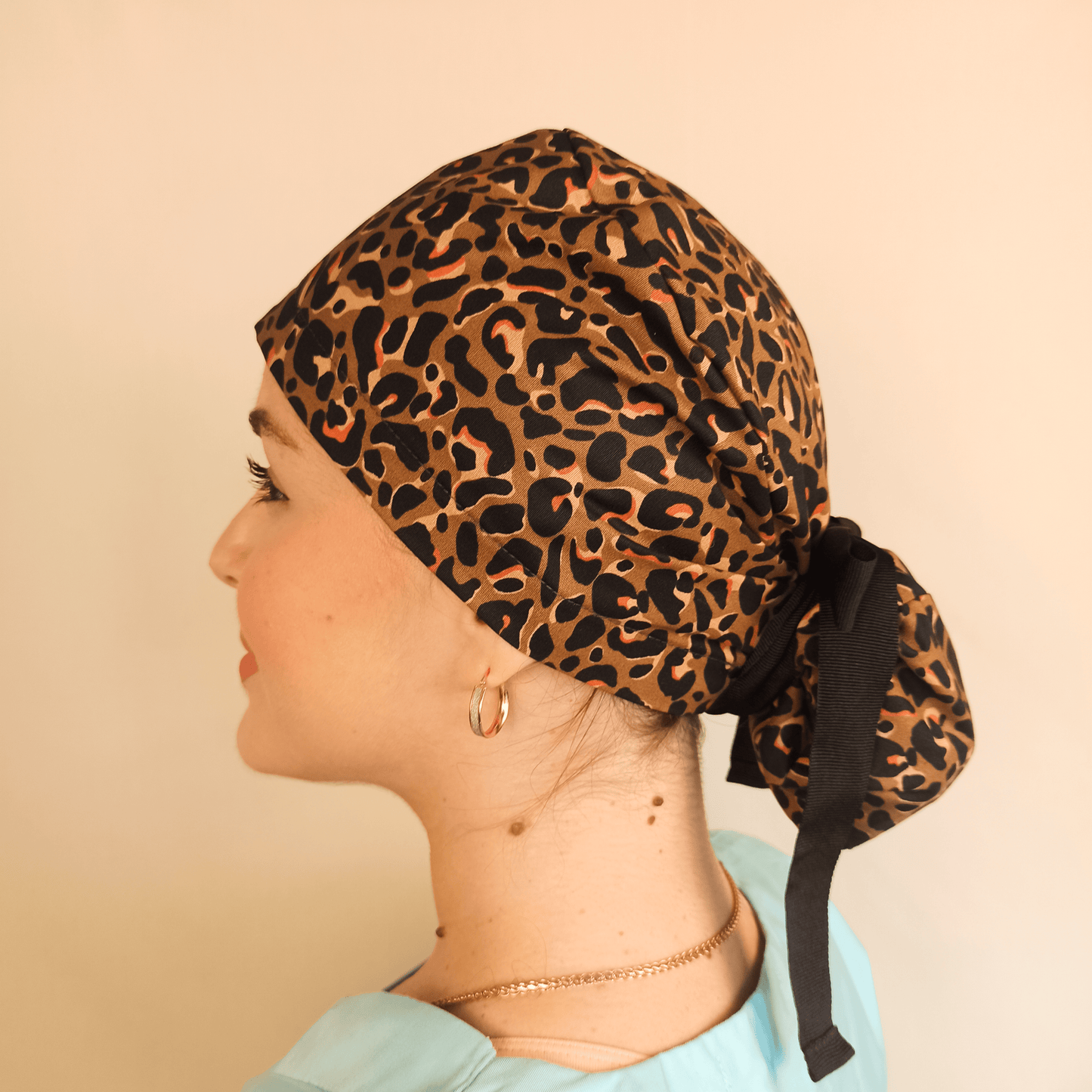 Surgical Ponytail Scrub Cap Leopard With Embroidery Personalization &Satin Option