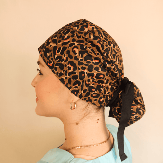 Surgical Ponytail Scrub Cap Leopard With Embroidery Personalization &Satin Option