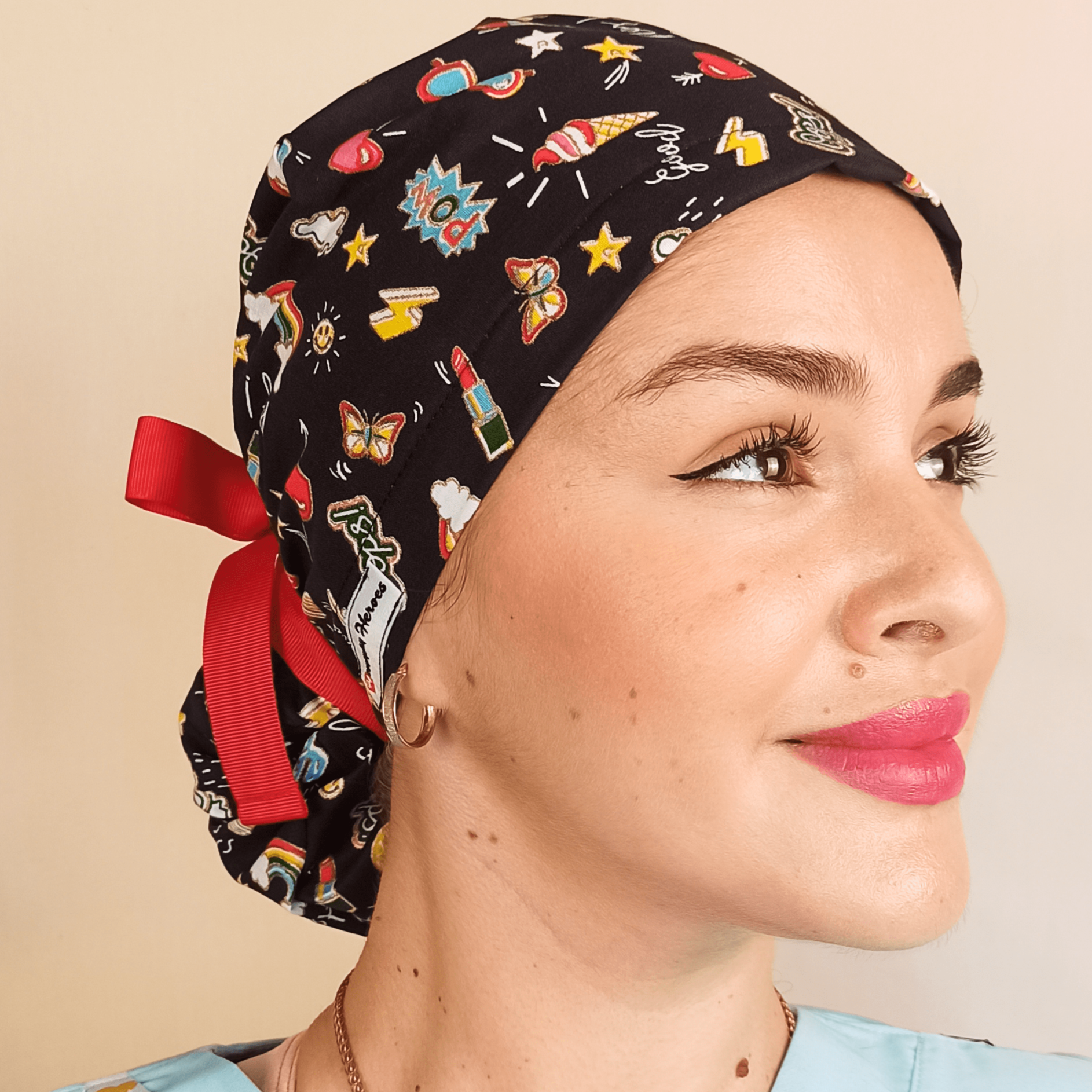 Hearts Stars Scrub Cap - Surgical Cap Ponytail Scrub Hat- Satin and Embroidery Option