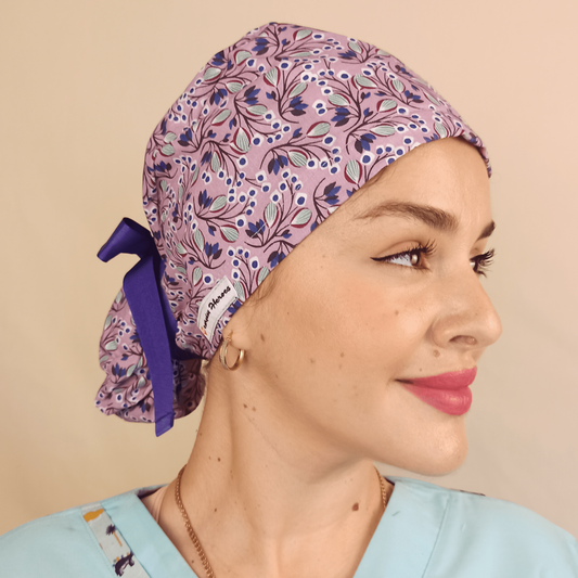 Levanter Purple Floral Scrub Cap - Surgical Cap Ponytail Scrub Hat- Satin and Embroidery Option