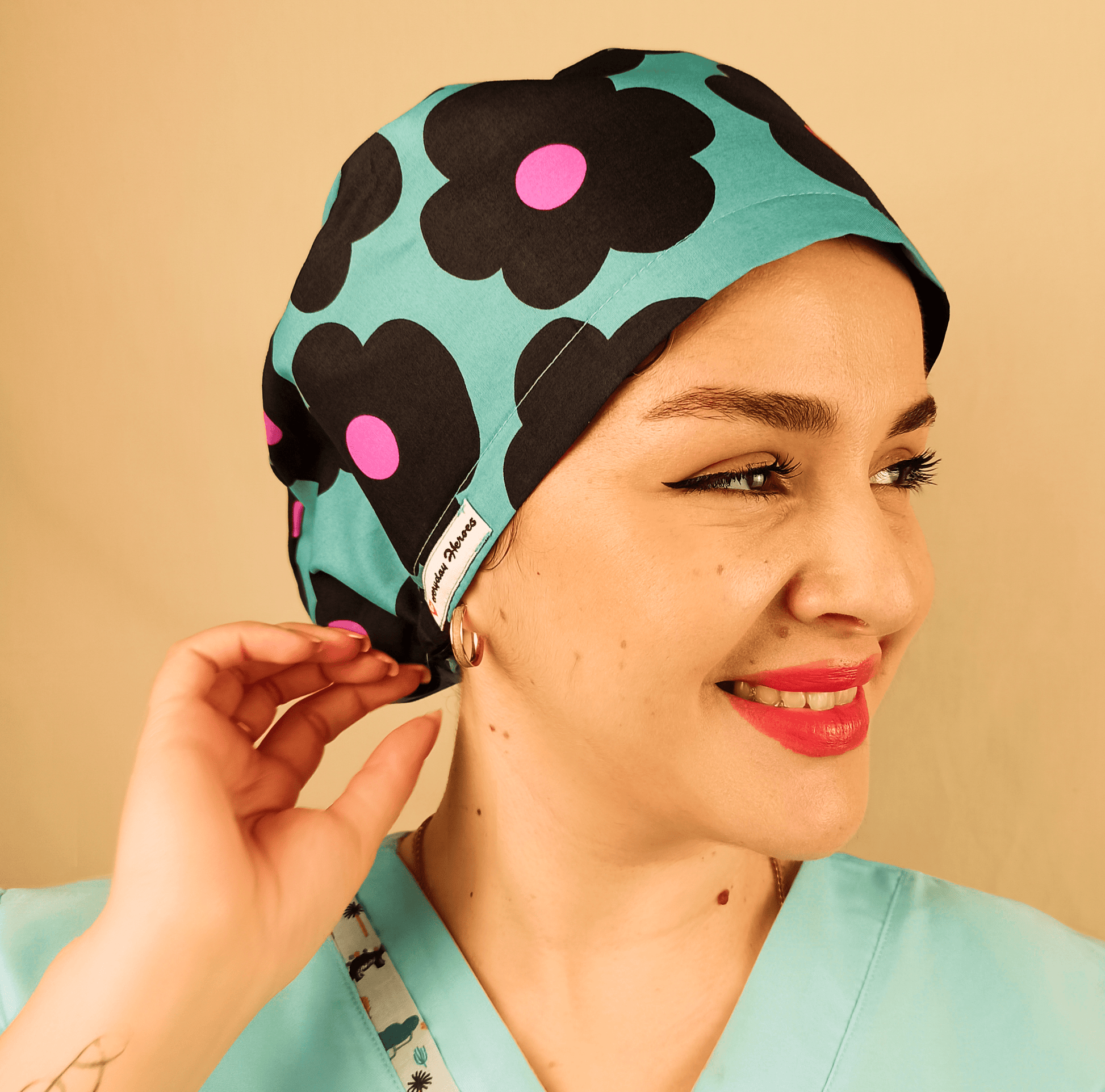 Scrub Cap Floral Daisies Surgical Cap Women Euro Hat For Nurses Turquoise color black and pink