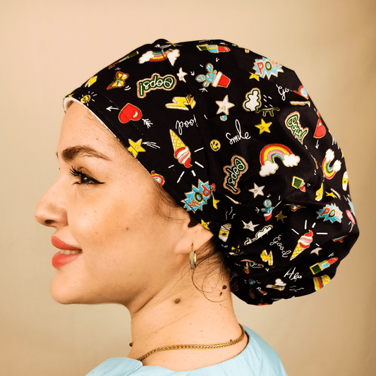 Custom Bouffant Scrub Caps For Women, Fun Satin Lined Scrub Cap Hearts Rainbows & Stars