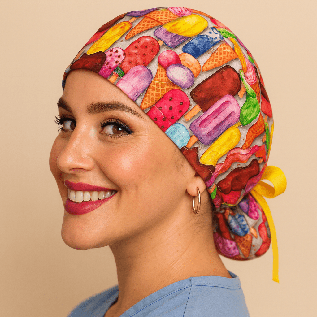 Ice creams scrub ponytail hat for women featuring colorful ice cream and popsicle print on cotton fabric, tied with a yellow ribbon bow and Everyday Heroes label. Satin lined scrub cap with buttons for mask comfort, modeled by a smiling nurse in light blue scrubs. Personalized surgical hat custom with name, reusable and washable medical cap. Perfect gift for nurses, doctors, and healthcare professionals."