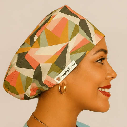 Retro geometric scrub cap for women featuring colorful Euro style design with satin lining option. Custom surgical cap ideal for nurses, doctors, estheticians, or anatomy students. Comfortable and stylish medical scrub hat perfect for esthetician business use, healthcare professionals, or anyone seeking a unique surgical cap with modern geometric print.