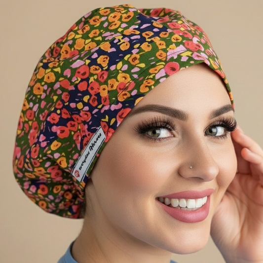 Woman with head tilted and hand touching multicolor floral scrub cap - navy blue and green sections with coral pink, golden yellow and lavender flowers - euro style bouffant surgical hat with everydayheroescaps label - professional medical headwear for nurses and healthcare workers