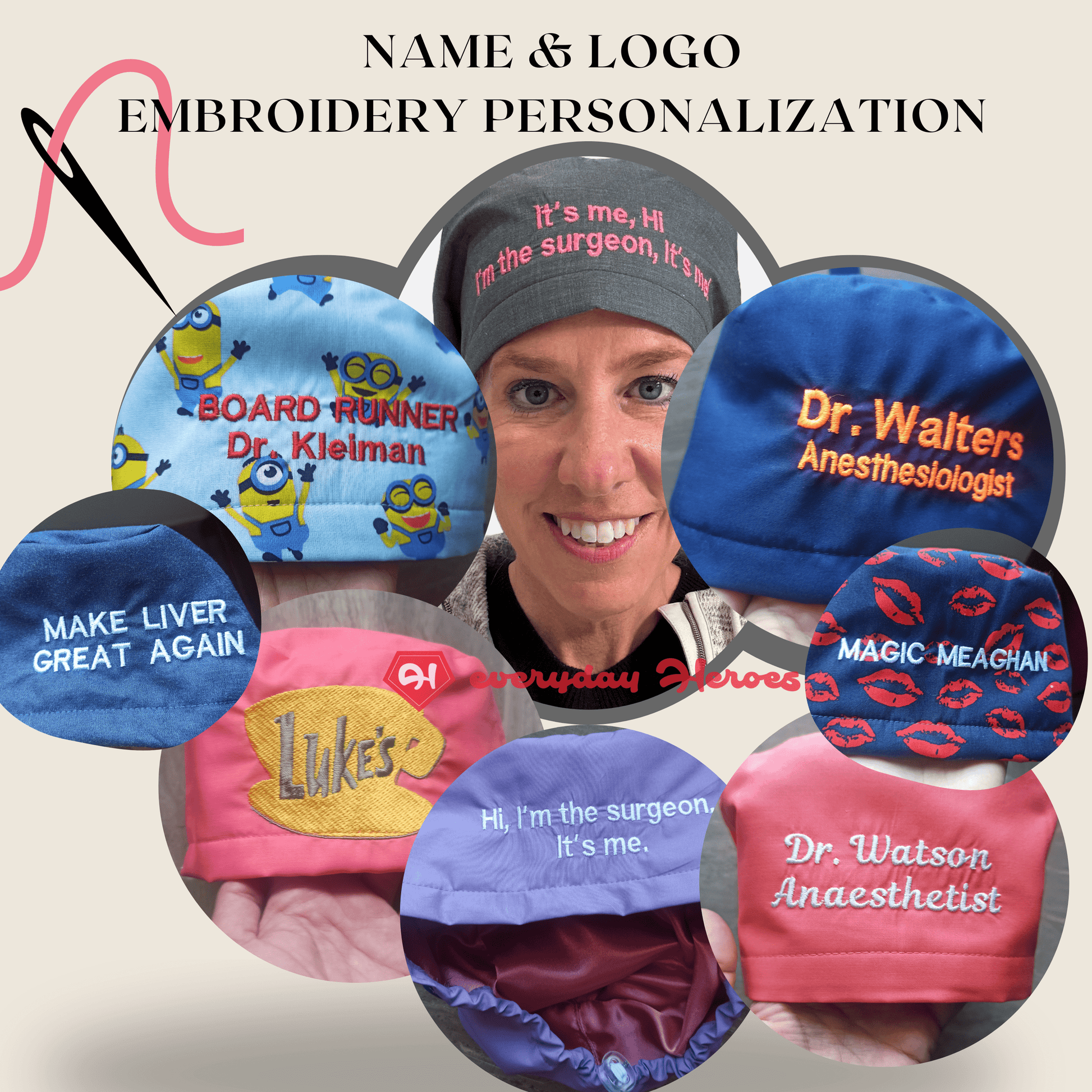 scrub caps satin lined with pink ribbon and name prsonalization