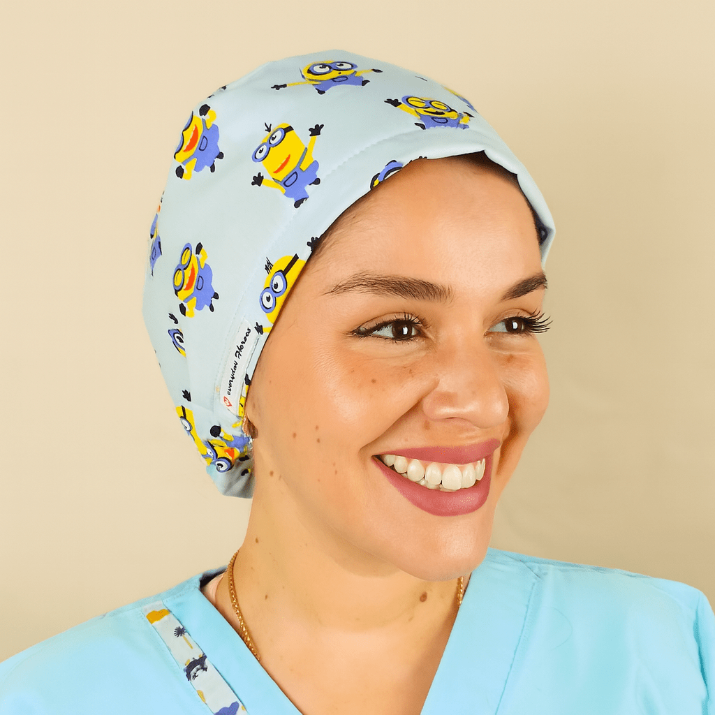 minions scrub cap euro for women blue with the yellow cartoons ,