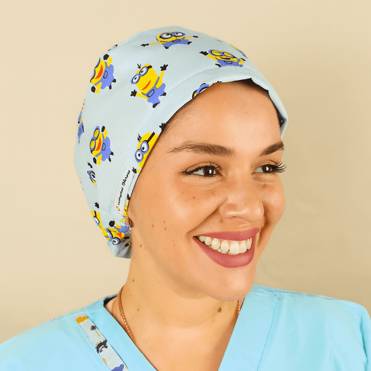 minions scrub cap euro for women blue with the yellow cartoons ,