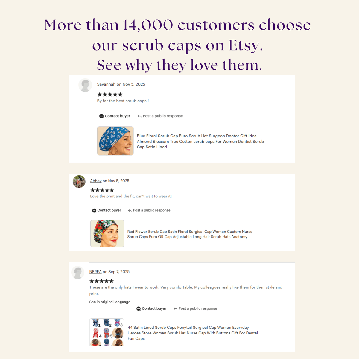 The image is a screenshot of a webpage featuring customer reviews and descriptions of scrub caps, along with images of the caps themselves.