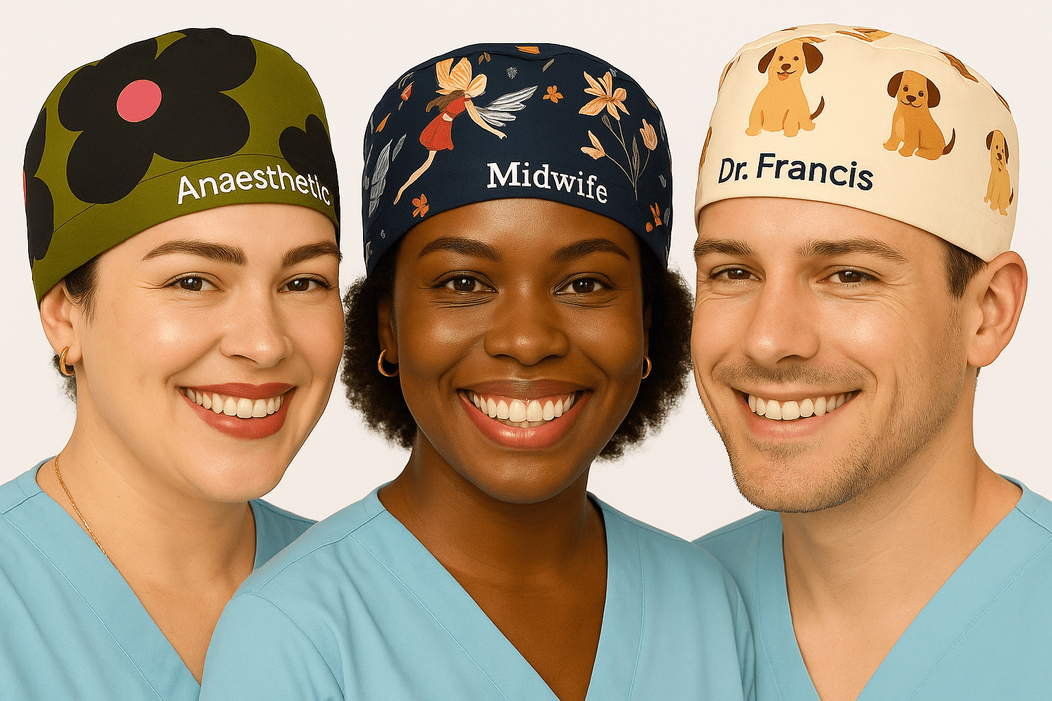 3 docotrs wearing theis custom scrub caps with their names embroidered on it and they smiling becausthis surgical caps is funnu 1005 cotton and satin lined inside with bi
