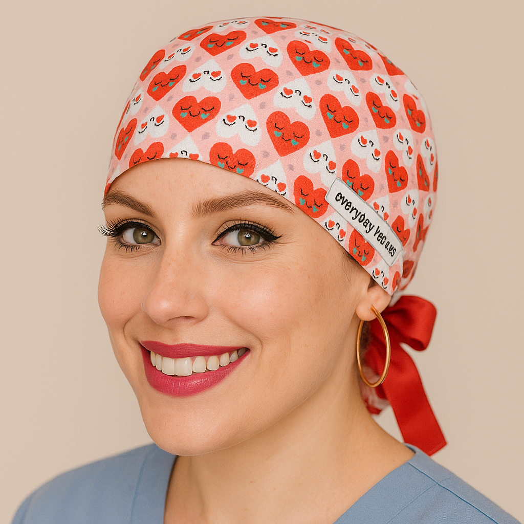 Smiling woman wearing a vibrant scrub cap covered in red and pink heart designs with cute smiley faces. The cap features a red ribbon tied at the back and a visible label reading "everyday beauty." Ideal for healthcare professionals, nurses, and doctors seeking stylish, comfortable, and expressive scrub caps. Photo showcases cheerful personality and premium stitching detail, perfect for Valentineโs Day or themed workwear.