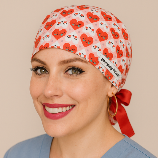 Smiling woman wearing a vibrant scrub cap covered in red and pink heart designs with cute smiley faces. The cap features a red ribbon tied at the back and a visible label reading "everyday beauty." Ideal for healthcare professionals, nurses, and doctors seeking stylish, comfortable, and expressive scrub caps. Photo showcases cheerful personality and premium stitching detail, perfect for Valentine’s Day or themed workwear.