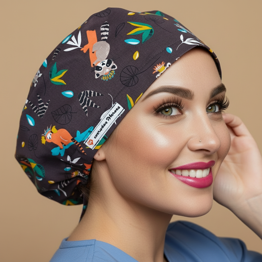 Playful King Julien Madagascar scrub cap back side view with smiling healthcare professional - fun lemur design featuring orange coral lemurs white gray lemurs with striped tails on dark gray - perfect for nurses who love Madagascar movies bringing smiles to patients - euro scrub hat customizable with name personalization - adjustable toggle soft sweatband forehead comfortable all-day wear - woman with hot pink lipstick green hazel eyes - Everyday Heroes brand visible - jungle animal pattern