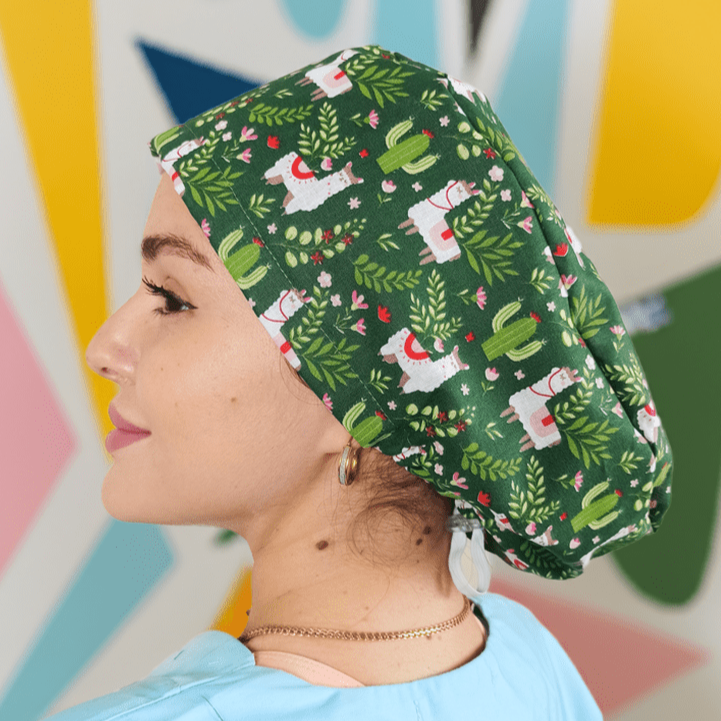 Cactus & Llamas Satin Lined Scrub Cap, Custom Euro Scrub Hat, Name Personalized Surgical Cap For Women, Theatre Nurse Hat, Gift For Doctors.