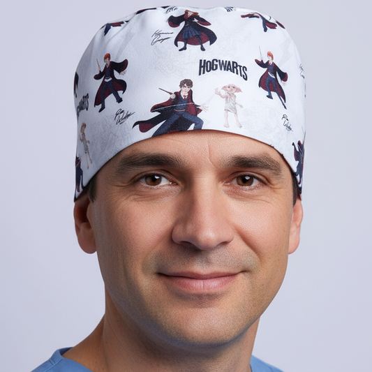 Male doctor wearing Potter wizard scrub cap - lavender background #f8f3f9 - 3000x3000px