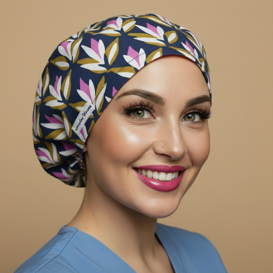 Navy blue geometric scrub cap front-facing view with smiling healthcare professional - modern geometric floral pattern featuring white petals pink petals gold yellow circles on navy background - euro style bouffant surgical cap for women - custom satin lined with name embroidery option - adjustable elastic fit - woman with hot pink lipstick green hazel eyes showing confident smile - Everyday Heroes brand label visible - professional medical headwear - contemporary geometric design - nurse gift