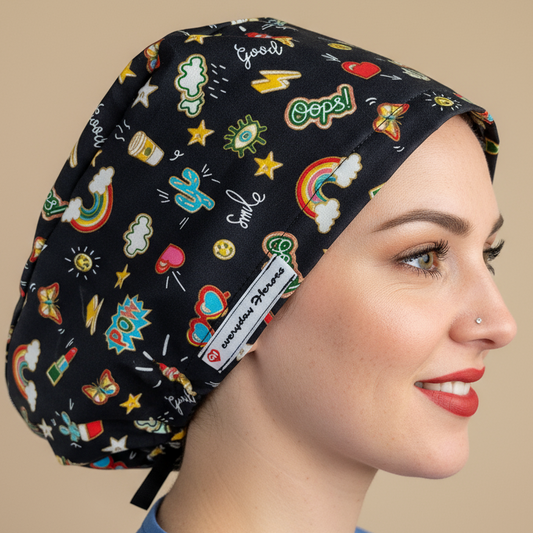 scrub cap for women displayed on a fabric mannequin head, featuring a Medical Aesthetics Scrub Cap Euro style design. Optional satin lining, mask-friendly buttons, and custom embroidery available. Ideal for nurse injectors, dental professionals, and medical assistants. This funny green surgical hat is both stylish and functional, making it a perfect gift for those working in medical or dental fields.