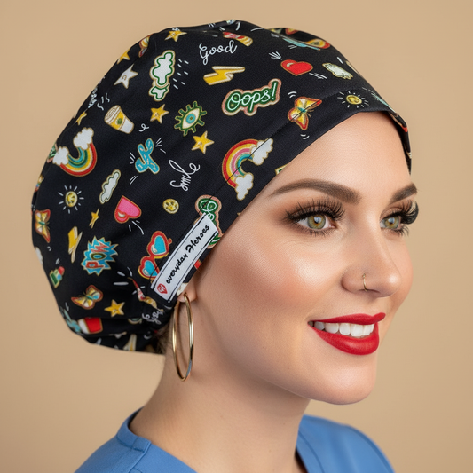 Retro pop art scrub cap back side view with smiling woman - black bouffant surgical hat featuring colorful rainbows stars hearts butterflies POW Oops text - euro style medical headwear with custom satin lining name embroidery - professional nurse scrub cap - Everyday Heroes brand
