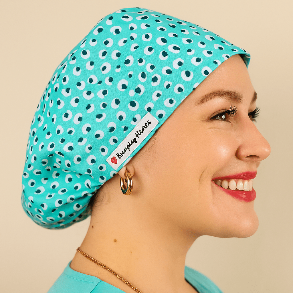 a woman wering a scrub hat that fits on her head , the cotton print i blue leopard . the style is euro scrub hat