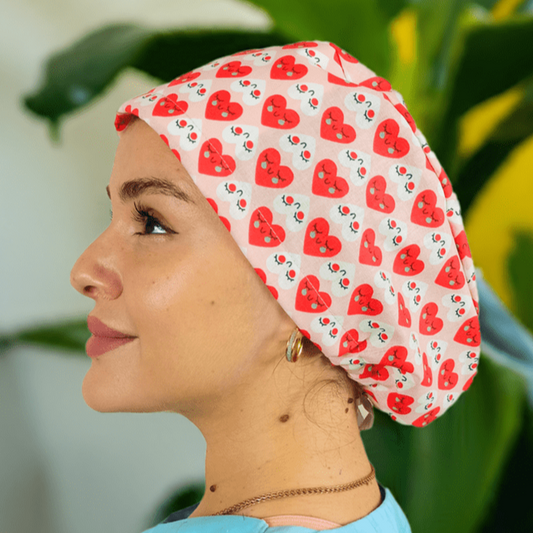 ascrub cap for women with red hearts