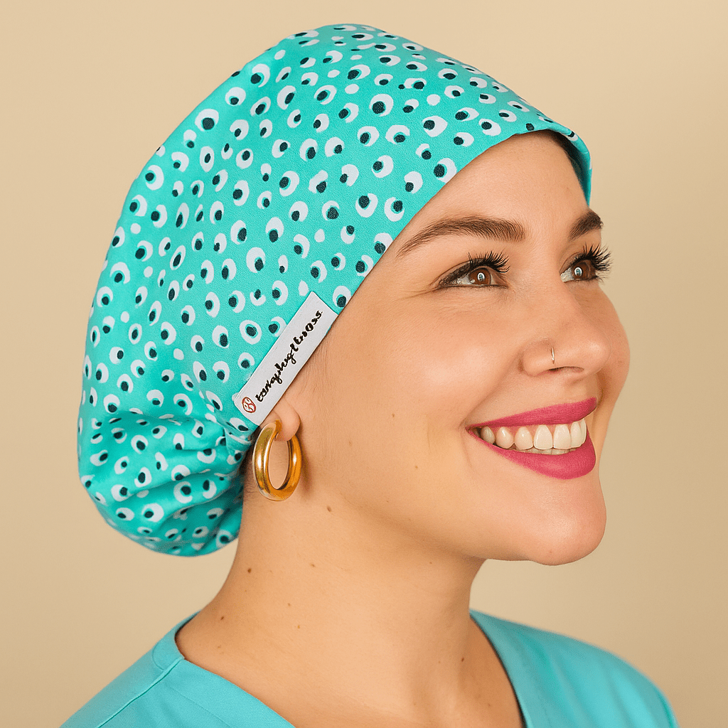 a woman wering a scrub hat that fits on her head , the cotton print i blue leopard . the style is euro scrub hat