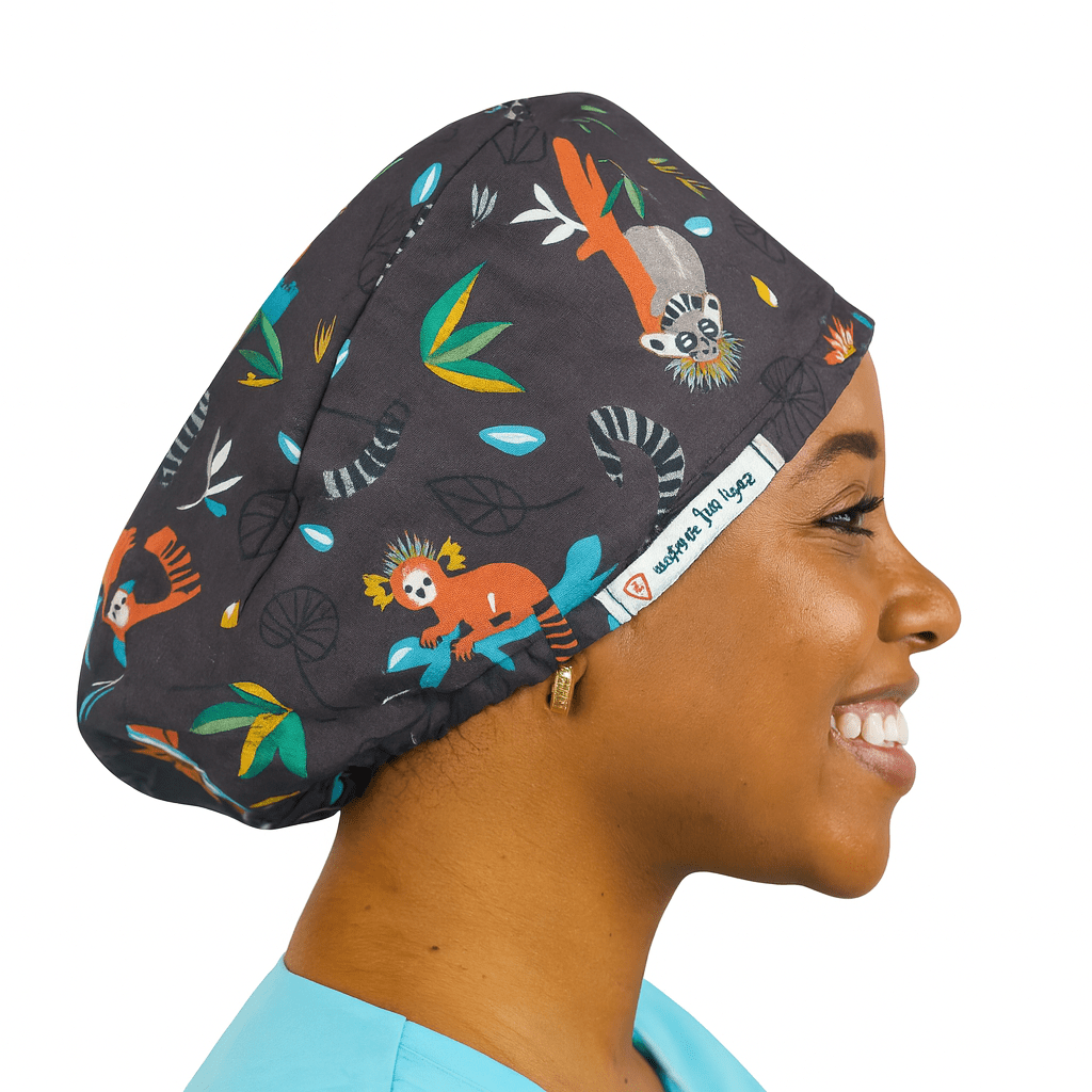 jungle animals scrub caps for women euro style brown and orange colors , lemur and king julien from Madagascar movie cartoon print